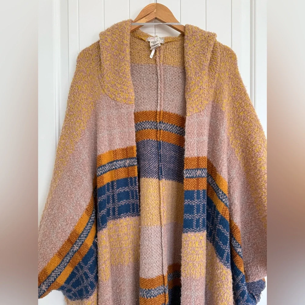 Free People Mercer Hooded Kimono Poncho Bohemian Plaid Stripe Knit Sweater - Picture 3 of 7